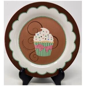 Trisa Ceramic Brown Green Cupcake Dessert Plate 8"